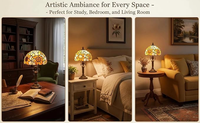 BMXKPO Tiffany Lamp Stained Glass 3 Way Table Lamp,Yellow Sunflower Bedside Table Lamp LED E26 Bulb, for Bedroom Living Room,Included 3 Way LED Bulb