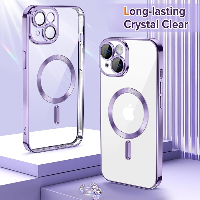 Hython Magnetic Clear for iPhone 14 Case with Camera Lens Protector [Compatible with MagSafe] Luxury Plating Edge Slim Soft TPU Cover Protective Phone Case for iPhone 14 6.1", Light Purple