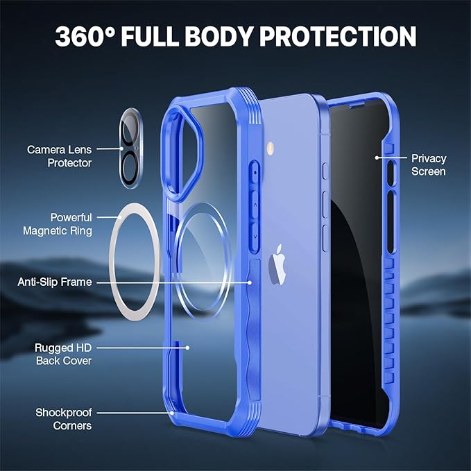 CENHUFO Magnetic Privacy for iPhone 16 Case [Compatible with Magsafe] Full Body Phone Case Built-in 9H Tempered Glass Privacy Screen Protector and Camera Lens Cover, Shockproof Bumper -Light Blue