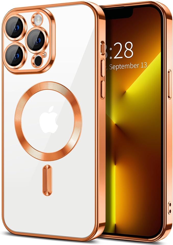 Hython Magnetic Clear for iPhone 13 Pro Case with Camera Lens Protector [Compatible with MagSafe] Luxury Plating Edge Slim Soft TPU Cover Protective Phone Case for iPhone 13 Pro 6.1", Orange