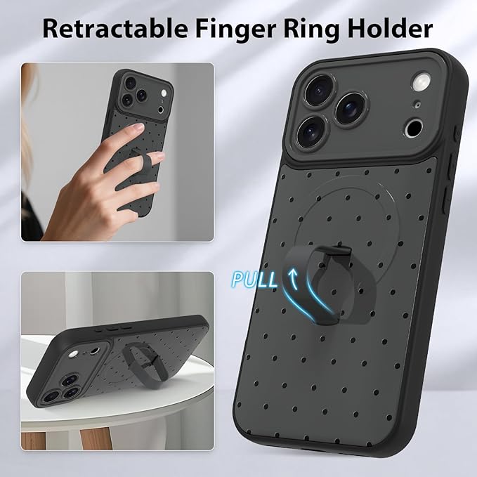 KANGHAR Compatible with iPhone 17 Pro Case, Support for MagSafe, Silicone Spot Cute Pattern, Wristband Kickstand Camera Protection Shockproof Soft Slim Cover for Girls Women, Black