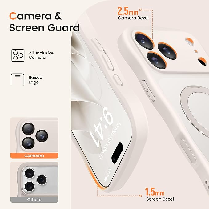 CAPRARO for iPhone 17 Pro Case with 360° Spin Magnetic Stand for Women, [Compatible with MagSafe] [Full Camera Protection] Cute Wave Translucent Matte Case for iPhone 17 Pro, Stone