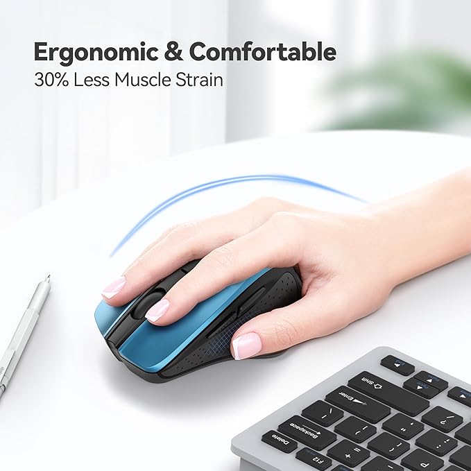TECKNET Wireless Mouse, 2.4G Ergonomic Optical Mouse, Computer Mouse for Laptop, PC, Computer, Chromebook, Notebook, 6 Buttons, 24 Months Battery Life, 2600 DPI, 5 Adjustment Levels - Azure