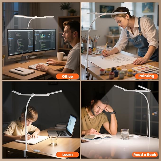 LiFMIRA LED Desk Lamp for Office Home, Adjustable 3 Head Computer Monitor Light with Clamp, Eye Caring Clip on Desk Light Stepless Dimming Architect Desk Lamp for Reading Study Workbench White