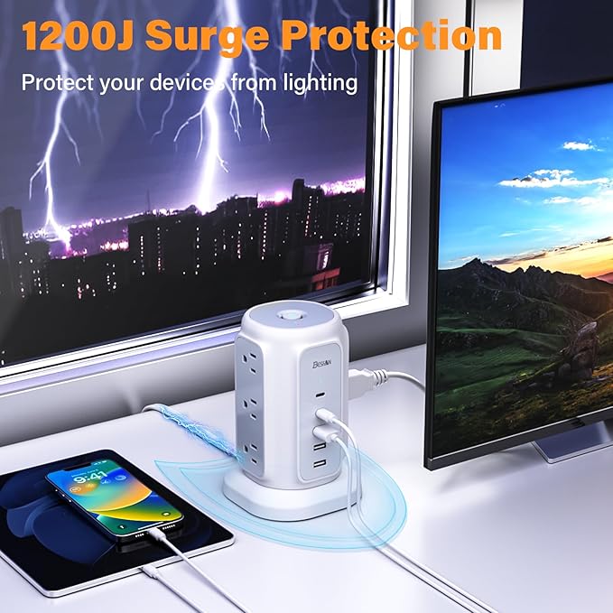 Power Strip Tower, 1625W Surge Protector with 9AC Outlets 5 USB Ports, 6.5 FT Extension Cord Charging Tower for Multiple Devices, for Office Supplies, Dorm Room Essentials for Girls, Guys