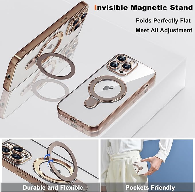 Compatible with iPhone 12 Pro Max Case with Magnetic Ring Stand [Compatible with Mag-Safe] [Full Camera Lens Protector] Plating Clear Phone Case for iPhone 12 Pro Max 6.7", Desert Gold