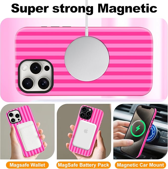 Magnetic for iPhone 14 Pro Max Case Cute Stripes Phone Case, Shockproof Slim TPU and Hard PC Protective Phone Cover Compatible with MagSafe Designed for Women Girls, Deep Pink
