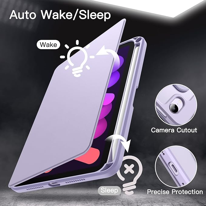 JETech Rotating Case for iPad mini (A17 Pro, 2024 Model, 7th Generation) / mini 6 (2021 Model, 6th Generation) with Pencil Holder, 360 Degree Rotation Protective Stand Cover Clear Back (Purple)