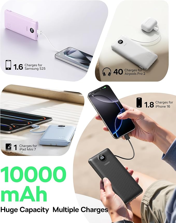 VEGER All in One Travel Portable Charger with Built-in AC Plug & Cables, 10000mAh Slim Power Bank Battery Pack, 15W Fast Charging Compatible with iPhone, Samsung, Android-Black