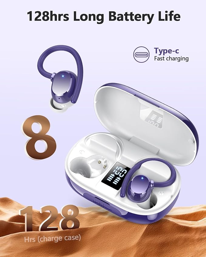 hadbleng Wireless Bluetooth Earbuds Sport 128H Playtime Bluetooth 5.3 Headphones with LED Display Powerful Bass Over Ear Earphones with Earhooks IP7 Waterproof