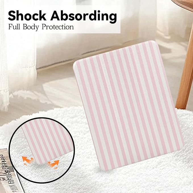 Lovmooful Compatible for iPad Air 6th 11-inch M2 (2024),iPad Air 5/4 (2022/2020 5th/4th Generation 10.9-Inch) Case with Pencil Holder Cute Striped Design Soft TPU Trifold Stand Protective-Pink&White