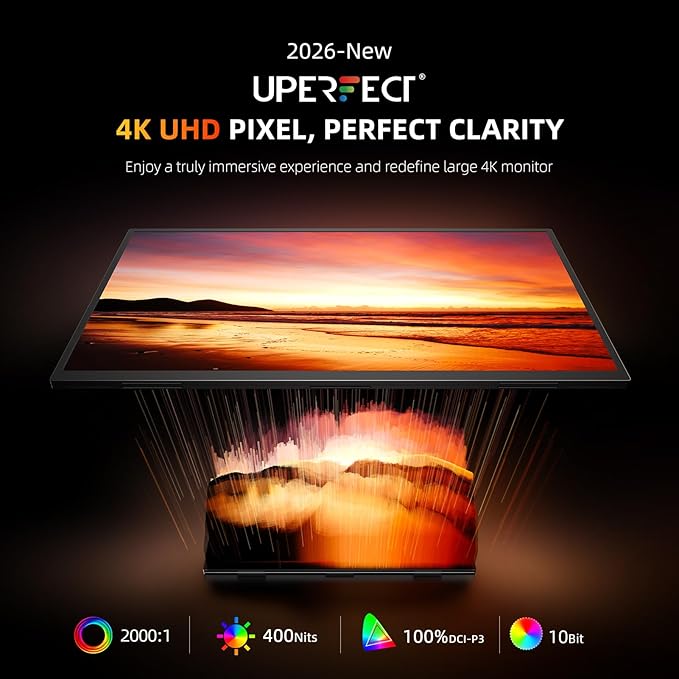 UPERFECT Portable Monitor 4K 23.8" QLED| 400 Nits 24" Large Monitor | 3840 * 2160 UHD 100% DCI-P3 | 1MS FreeSync | USB-C & HDMI | VESA & Stand | Second Screen for Computer, Mini PC, Game Consoles
