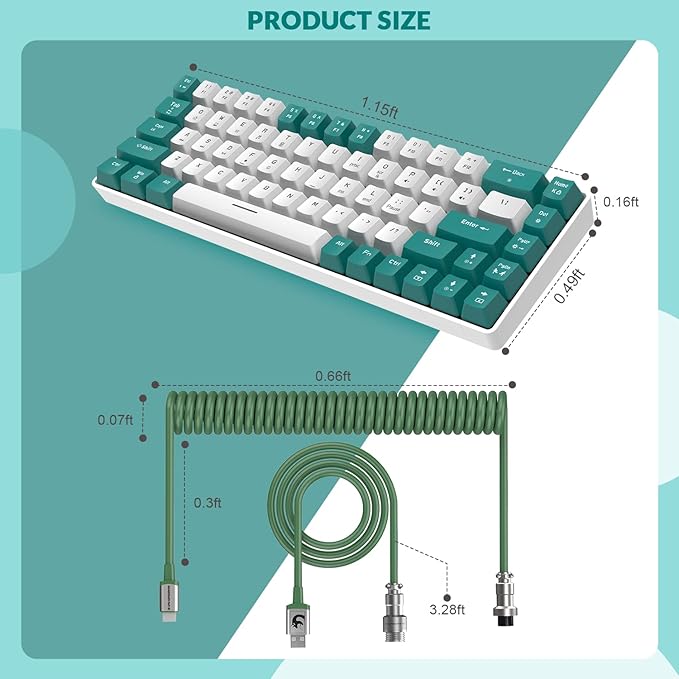 ZIYOU LANG RK-T8 Wired 65% Mechanical Gaming Keyboard with RGB LED Backlit Anti-ghosting TKL Mini 68 Key Custom Coiled C to A Cable Tactile Blue Switch for PS4 PS5 Xbox PC Mac Gamer(Green/White)