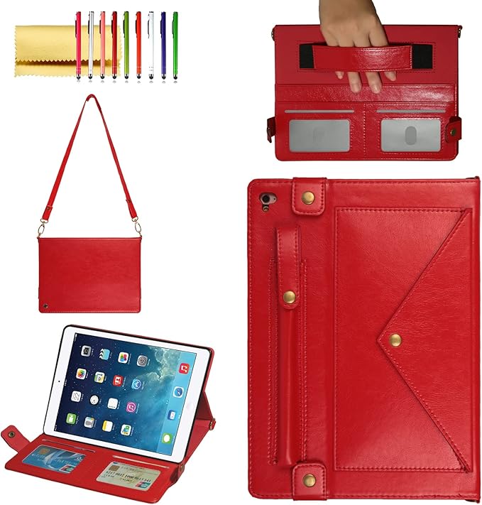 Handbag Case for Apple iPad 5/iPad 6 9.7", iPad Air 1st/2nd Generation Cases, Techcircle Folio Stand Crossbody Wallet Case with Pencil Holder, Hand Strap & Shoulder Strap Soft Protective Cover, Red