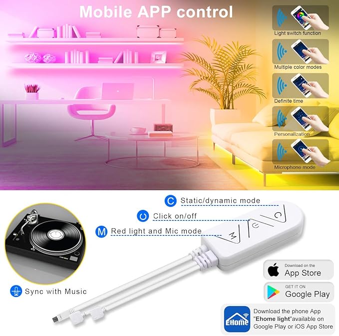 LED Strip Lights 32.8ft, Multicolor RGB LED Light Strips, 5050 LED Tape Lights, Music Sync Color Changing+Remote Control +APP Controlled LED Strip Lights for Bedroom Party Christmas Decoration