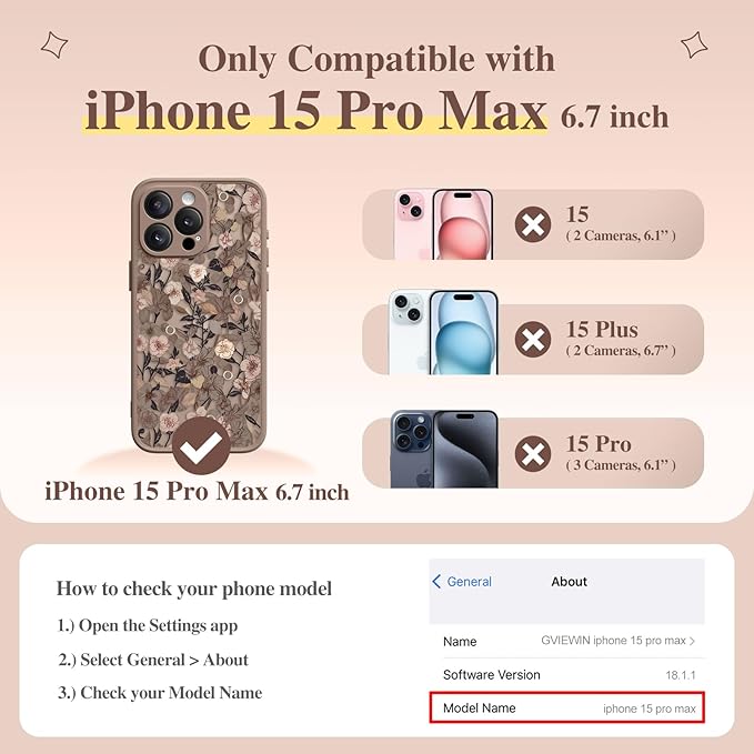 GVIEWIN for iPhone 15 Pro Max Case Compatible with MagSafe, [Military Grade Protection] [Screen Protector] Full Camera Protection Floral Translucent Women Magnetic Phone Case, Apricot Blossom/Brown