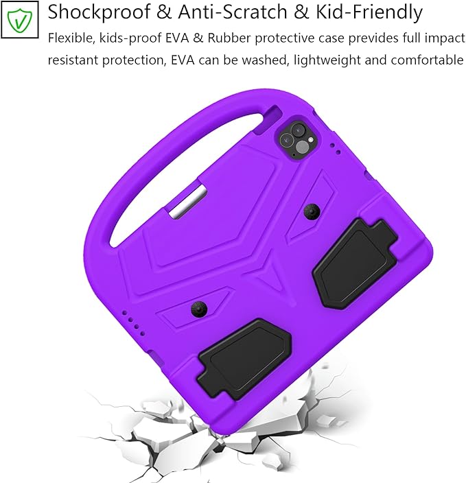 Kids Case for Apple iPad Pro 11 inch M5/M4 Tablet (2025/2024) with Pencil Holder/Handle/Kickstand Slim Lightweight Cute Soft EVA Foam Shockproof Stand Cover for Boys Girls Teens, Purple Bird