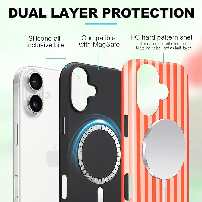 Magnetic for iPhone 17 Case Cute Stripes Phone Case, Shockproof Slim TPU and Hard PC Protective Phone Cover Compatible with MagSafe Designed for Women Girls, Deep Orange
