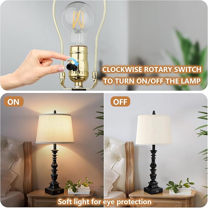 Set of 2 Farmhouse Table Lamps, 27.5'' Tall Rustic Bedside Lamps with 2 USB Ports, Beige Fabric Shade Nightstand Lamp, White Resin Desk Lamp with Rotary Switch for Living Room, Bedroom, Office
