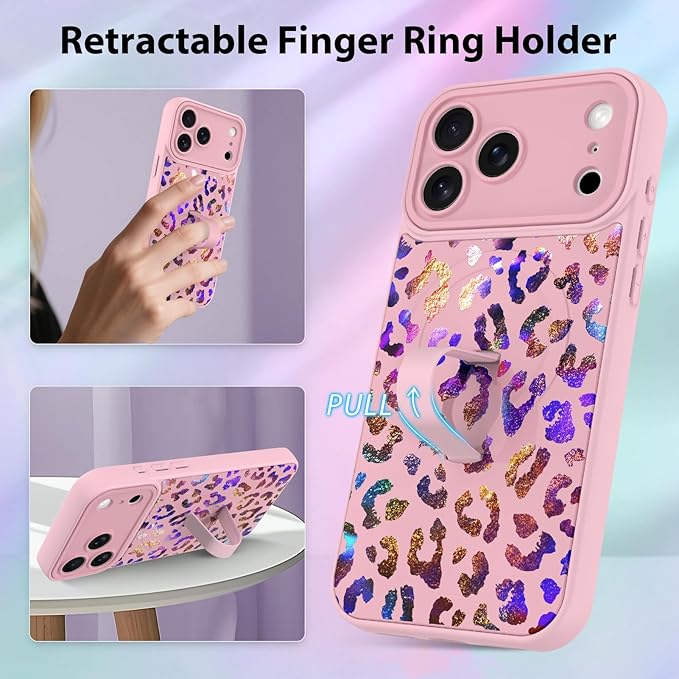 KANGHAR Compatible with iPhone 17 Pro Max Case, Support for MagSafe, Silicone Cute Iridescent Leopard Cheetah Pattern, Wristband Kickstand Shockproof Protective Slim Cover for Women Girls, Pink