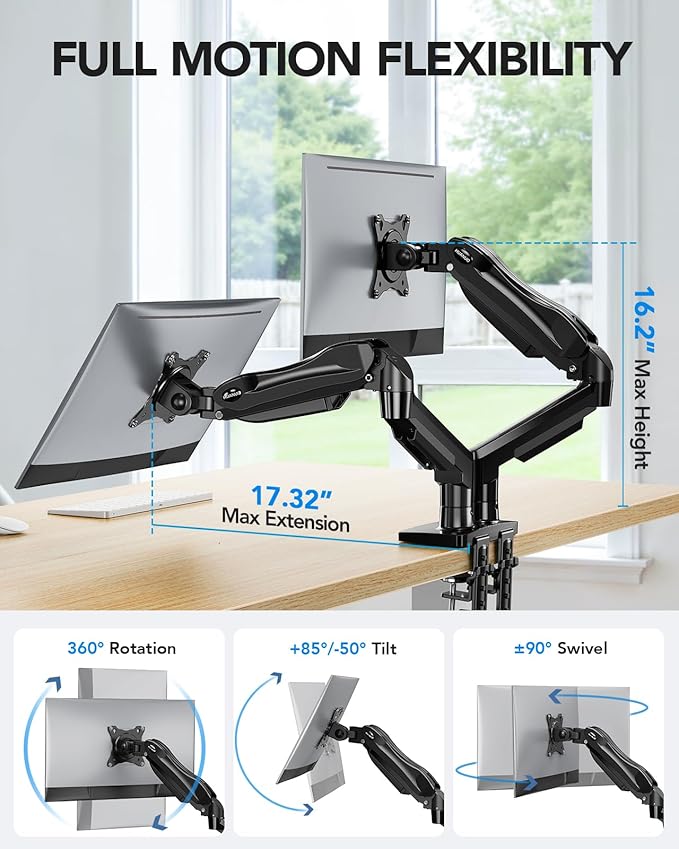 HUANUO Dual Monitor Stand, Fully Adjustable Gaming Monitor Desk Mount for 13–27″ Computer Screens, Full Motion VESA 75x75/100x100 with C-Clamp & Grommet Base, Each Arm Holds 4.4 to 19.8 lbs