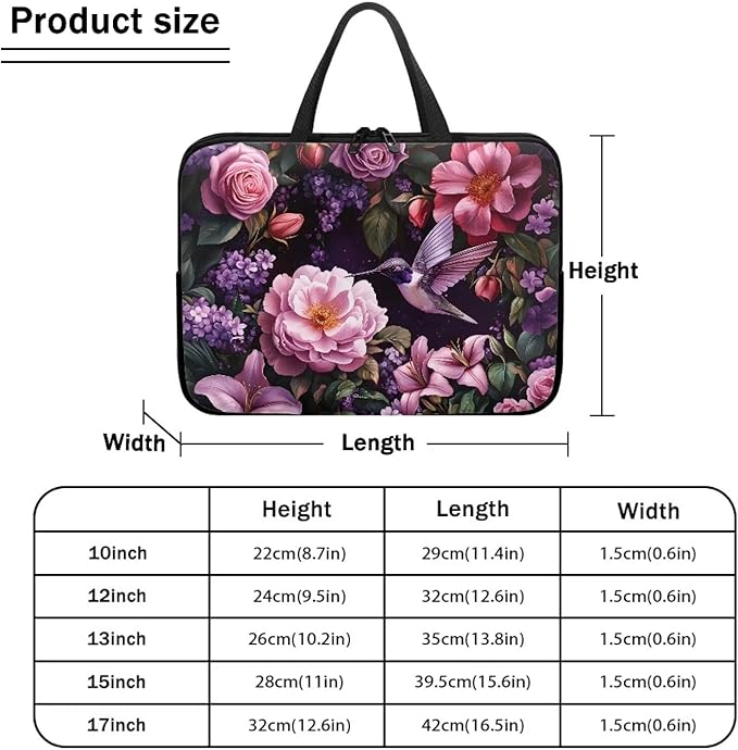 Hummingbird Bright Floral 13 Inch Computer Sleeve Tablet Portable Carrying Sleeve Case Bag Waterproof Laptop Tote Bag Notebook Messenger Briefcase Tablet Handbag for School/Office