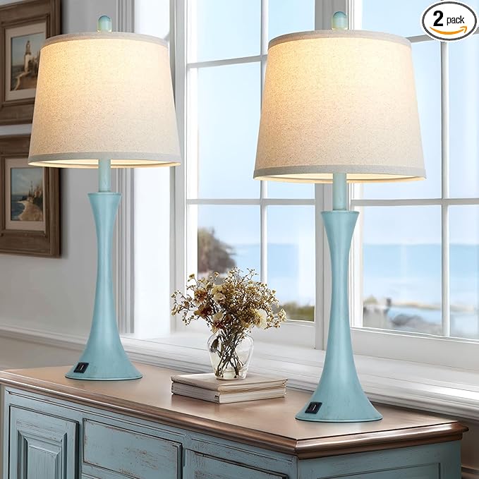 Rinweey Blue Metal Table Lamp Set of 2 with USB C+A Ports, Bedside Lamp, Modern Bedroom Lamps, Coastal Lamp for Night Stands Bedroom Living Room,Nightstand Lamp LED Bulbs Included