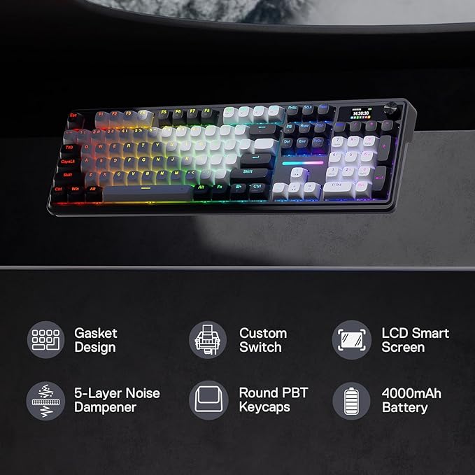 Redragon K762 Wireless Gasket Gaming Keyboard w/Hype Screen & Knob, 104 Keys Mechanical Keyboard, Easy-Control 1.14’’ TFT Info Display, 5-Layer Noise Dampening, Round PBT Keycaps, Mint Mambo Switch