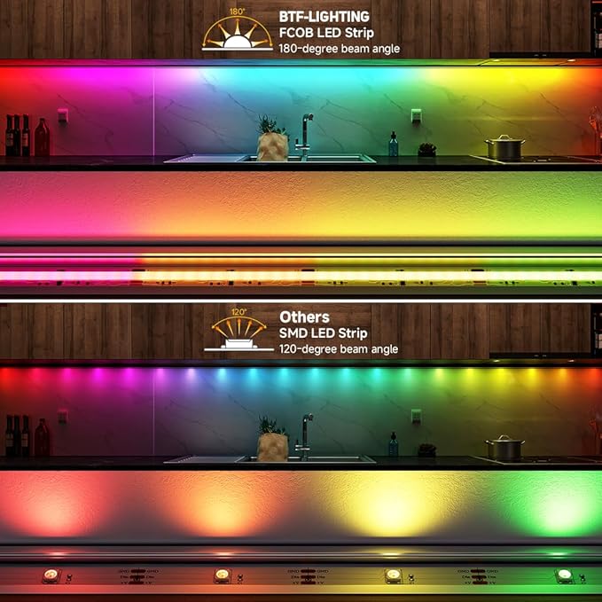 BTF-LIGHTING FCOB IP66 WS2811 IC RGB COB LED Strip 16.4FT DC12V 576LED/m Flexible High Density Color Chasing Uniform Light 16IC/m 10mm Width for Indoor Lighting Project(No Adapter or Controller)