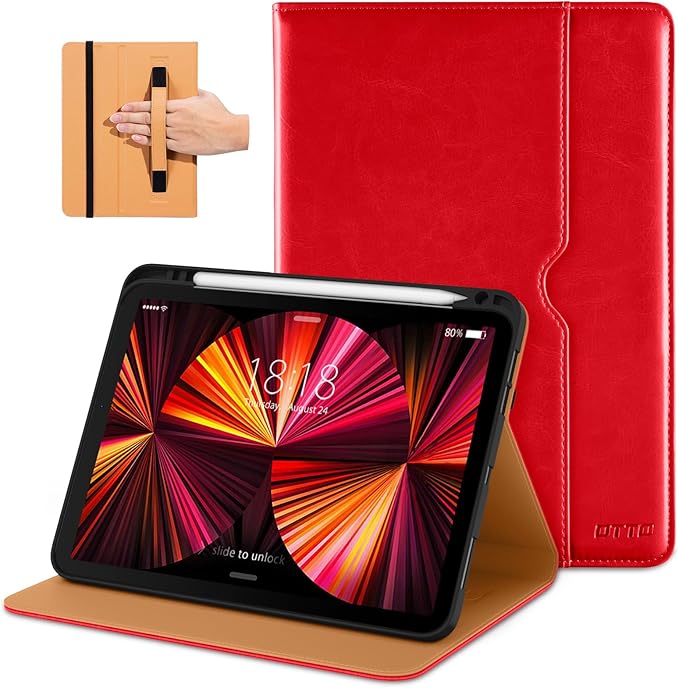 DTTO Case for iPad Pro 11 Inch 4th / 3rd / 2nd / 1st Generation 2022/2021/2020/2018,Premium PU Leather Folio Stand Cover with Hand Strap, Auto Wake/Sleep,Multiple Viewing Angles, Bright Red