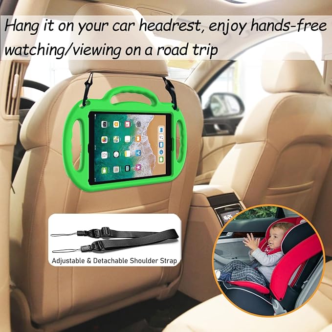 LTROP Kids Case for iPad 5th/6th Generation (2017/2018) & Air 2, Shoulder Strap Handle Stand Shockproof Bumper Cute Kid Case for iPad 9.7 Inch, Green