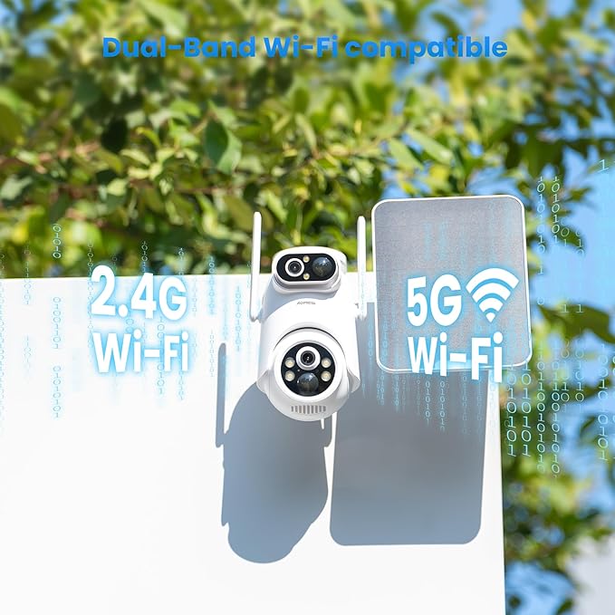 Eseecloud Dual Lens Solar Security Camera Wireless Outdoor, 5GHz Wi-Fi, Battery, AI Motion Tracking,Color Night Vision, Two Way Audio, Easy to Setup, Audible Flashlight Siren, 180 Days Exchange Policy