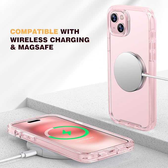 Diaclara Designed for iPhone 15 Plus Case 6.7 Inch, Full Body Rugged Case with Built-in Touch Sensitive Anti-Scratch Screen Protector + Glass Camera Lens Protector for iPhone 15 Plus,Clear Pink