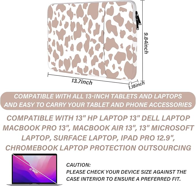 13-14 Inch Laptop Sleeve Bag with Pocket, Water Resistant Case Compatible with MacBook Air/Pro 13,MacBook Neo 13,iPad Pro 12.9,Surface,Dell,HP,Chromebook(Brown Cow)
