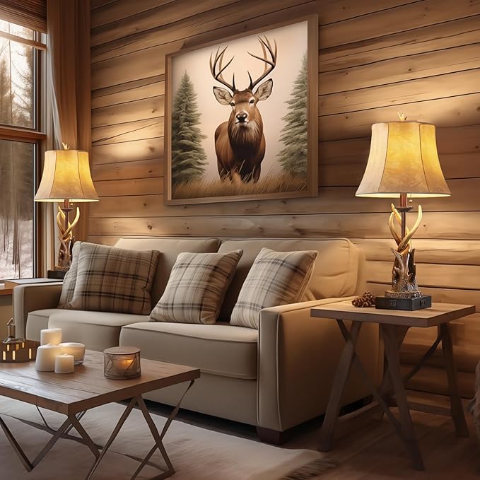 Antler Table Lamps Set of 2 with USB A+C Ports for Bedroom Farmhouse Deer Rustic Bedside Lamps with Faux Leather Bell Shade for Living Room End Table Hunting Themed Cabin Lamp Pull Chain