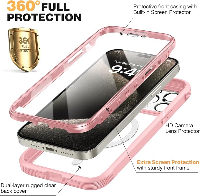 Diaclara Designed for iPhone 15 Pro Max Case, Full Body Rugged with Built-in Touch Sensitive Anti-Scratch Screen Protector, Soft TPU Bumper Case for iPhone 15 ProMax 6.7", Pink