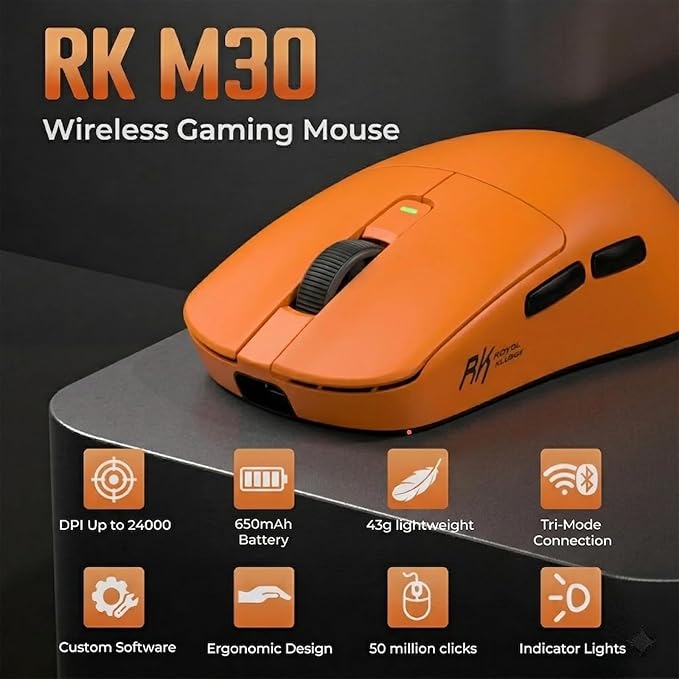 RK ROYAL KLUDGE RK M30 Wireless Gaming Mouse, 43g Ultra-Lightweight Computer Mouse with 2.4GHz/Bluetooth/USB-C, 24000 DPI, Rechargeable PC Game Mice with 5 Programmable Buttons for Win/Mac, Orange