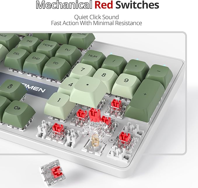 Owpkeenthy Full Size Green Mechanical Gaming Keyboard with Number Pad, Wired 100% Office NKRO Keyboard RGB Backlit 104 Keys with Red Switch for PC Gamer (104 Matcha)
