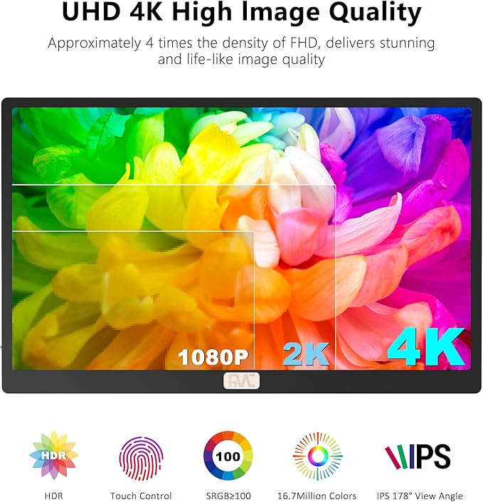 4K Portable Touchscreen Monitor,15.6" Touch Screen Monitor,IPS External,Touchscreen HDR HDMI USB-C Travel Monitor for Laptop MacBook Pc Surface PS5 Xbox (15.6")