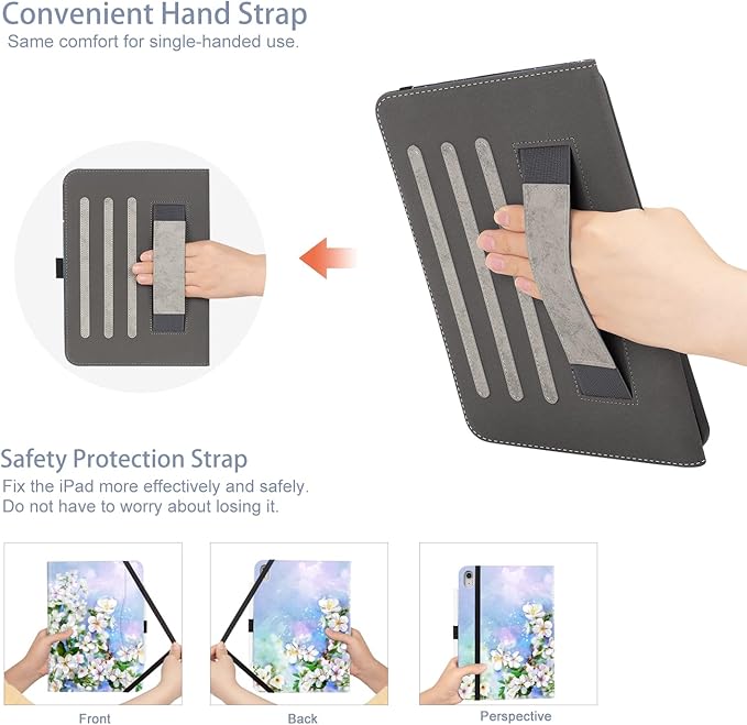 for iPad (A16) 11Th/10Th Generation Case 2025/2022, for iPad Case 11Th/10Th Generation, 10Th/11Th Gen iPadCase Cover Pencil Holder/Hand Strap/Pocket/Adjustable Stand, Blue Flower
