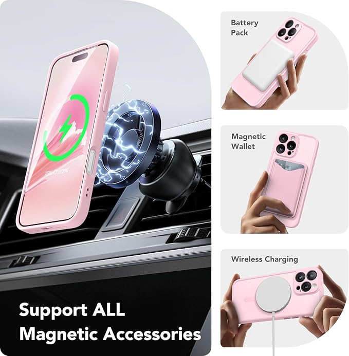 CAPRARO Magnetic Compatible with iPhone 16 Pro Case, Upgraded [Full Camera Protection] [Compatible with MagSafe] Protective Translucent Matte Women Girl Phone Case Cover, Pastel Pink