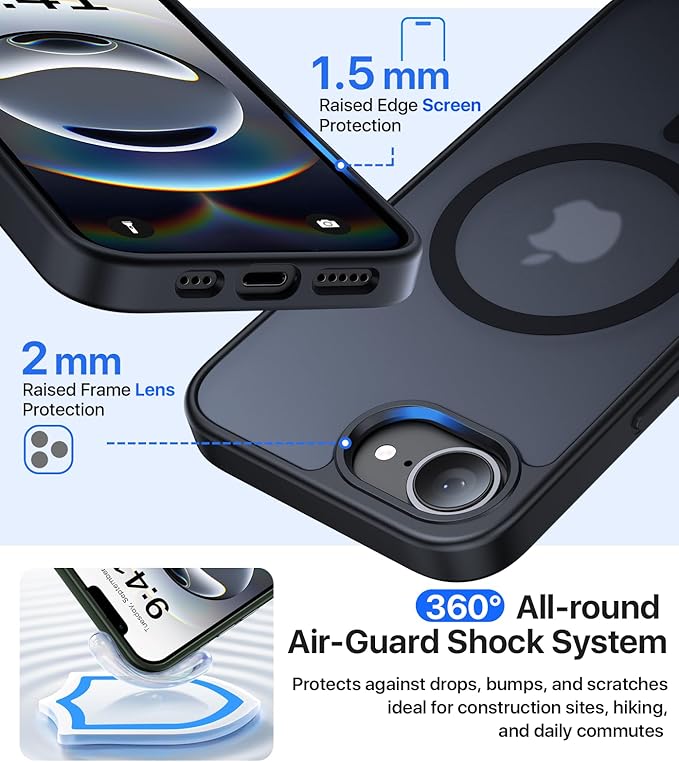 Eastinbox Magnetic Shockproof for iPhone 17e & iPhone 16e Case [Compatible with MagSafe] [Military-Grade Protection] Anti-Yellowing, Matte Protective Phone Case for iPhone 17 e/16 e 6.1", Black
