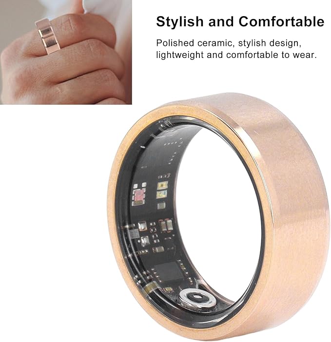 ciciglow Smart Ring, Smart Ring Health Tracker Sleep Monitoring Step Counter, IP68 Waterproof Intelligent Wearable Device, Gold Sports Ring with Chariging Cable