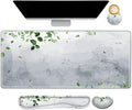 ARTSO Gaming Mouse Pad Wrist Support Set, XXL Large Desk Mat Mousepad + Keyboard Wrist Support+ Mouse Wrist Rest+Coaster 4in1 Ergonomic, Memory Foam -Green Leaves and Line Flower