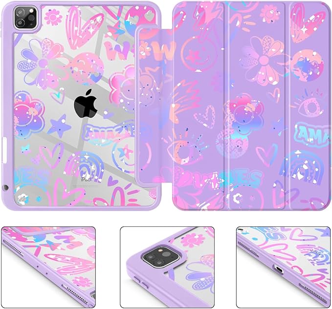 Tuiklol for iPad Pro 11 Inch 4th / 3rd / 2nd / 1st Gen (2022 2021 2020 2018) Case -Built-in Pencil Holder Shockproof Cover Clear Transparent Back Shell with Auto Wake/Sleep, Fun Emotions Purple