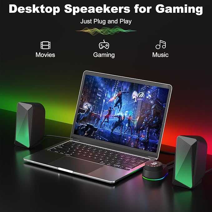 SOULION C30 Bluetooth Computer Speakers, USB Powered & 3.5 mm AUX PC Speakers with Easy-Control Pod, Gaming Speakers with Pulsing & LED Flame Lights for Monitor Laotop Desktop, Black