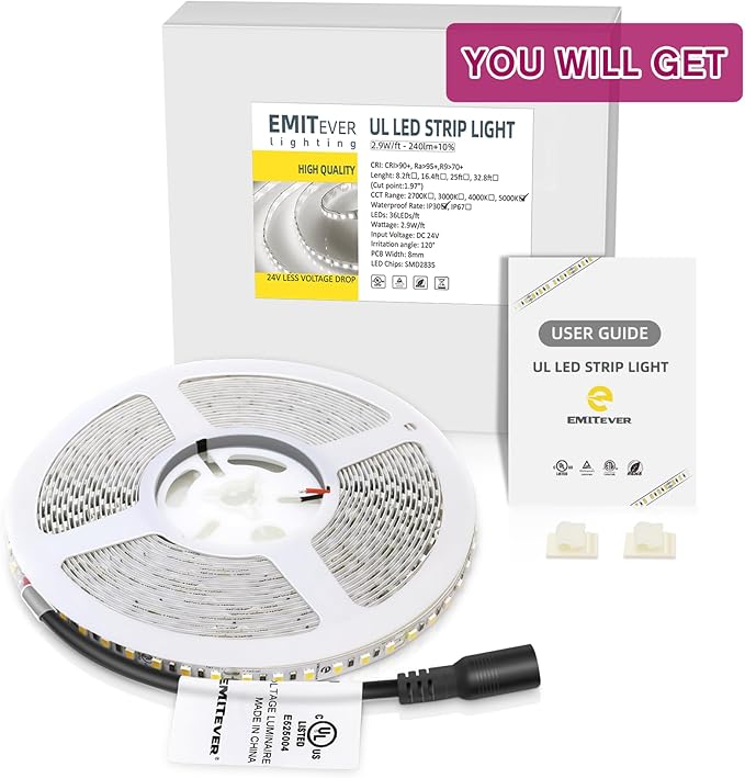 EMITEVER LED Strip Lights Cool White, 5000K 32.8ft 24V LED Tape Light UL Listed, Ra 95+, IP30, 2.9W/ft, 240+Lumens/ft, 1200LEDS/Spool, 5 Year Warranty (Power Supply Sold Separately)
