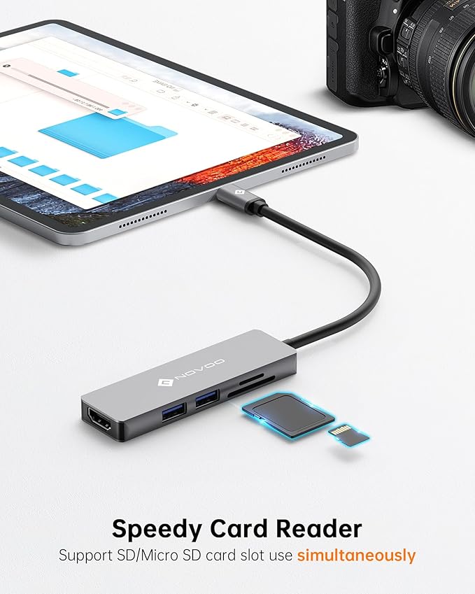 NOVOO USB C Hub 5 in 1 with HDMI 4K Adapter, 2 USB 3.0 Ports, 1 SD Memory Port, 1 microSD Card Reader