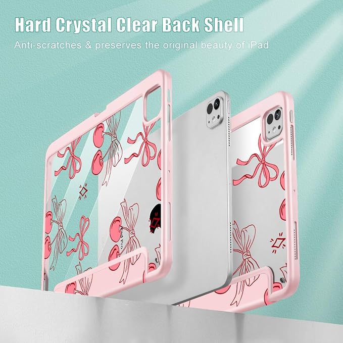 May Chen Case for iPad Pro 11-Inch M5/M4 2025/2024 (6th/5th Generation), [Penceil Holder] Trifold Stand Auto Wake/Sleep Clear TPU Protection Back Cover, Coquette Cherry Bow