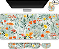 Large Gaming Mouse Pad Set, 4 in 1 Ergonomics Keyboard Desk Mat Memory Foam Wrist Rest, Computer PC Extended Game Mousepad, Non-Slip Desk Matt Easy Typing Pain Relief I Blooming Orange Florals